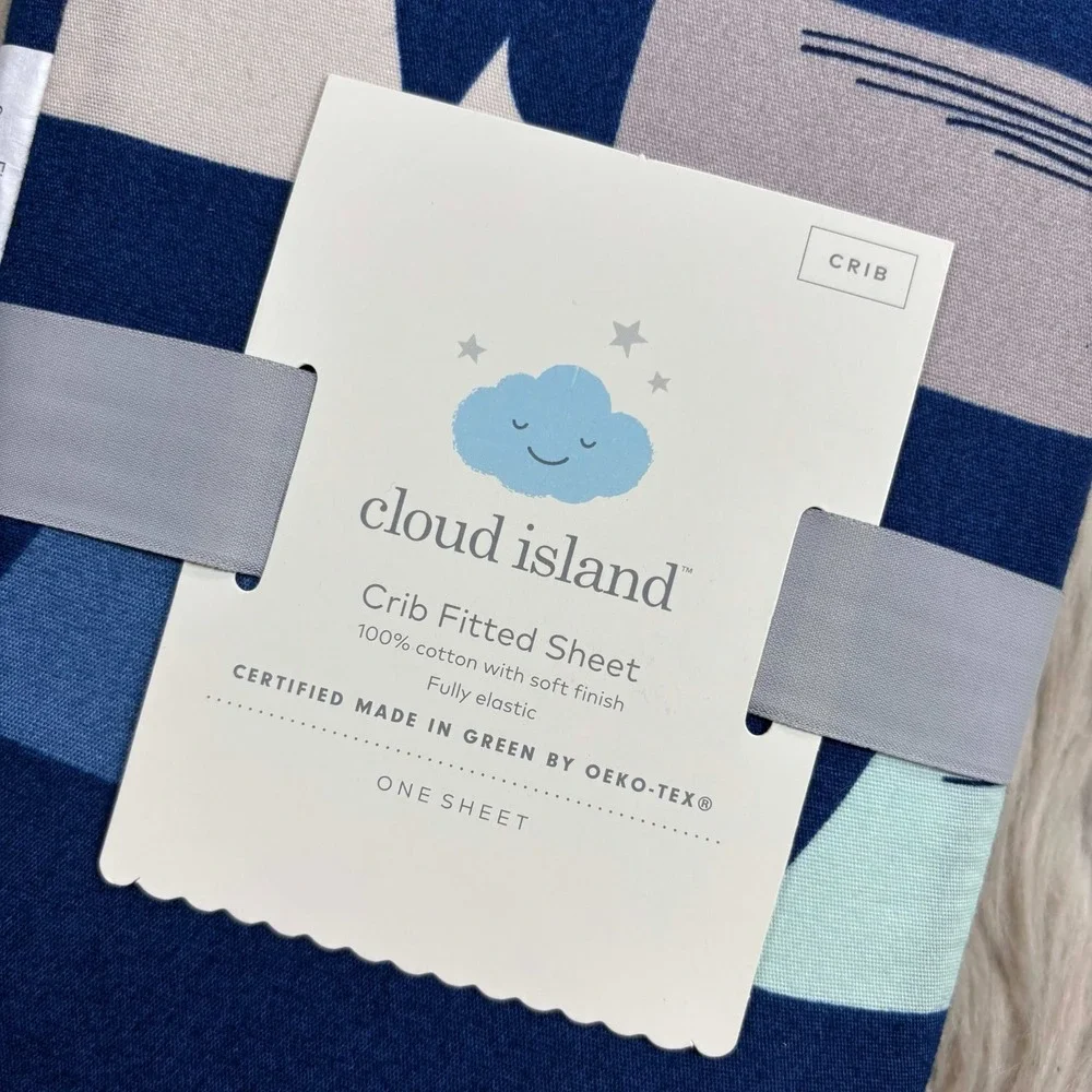 NEW Cloud Island Fitted Crib Sheet 100% Cotton Navy Blue Gray‎ Whale Print